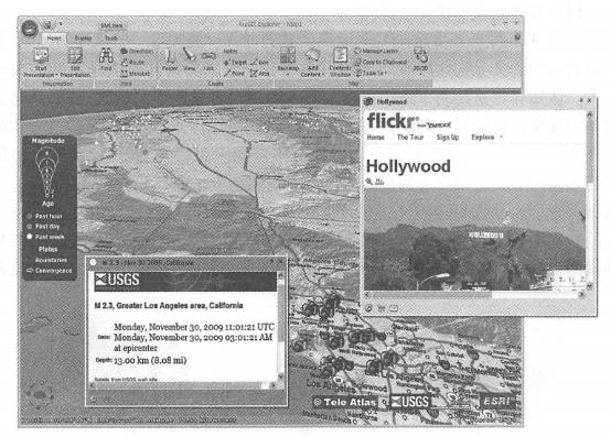 Geo-browsers do not require programming to be used to access and integrate geo-Web services scattered across the Internet. In this figure, the desktop version of ArcGISExplorei·integrates basemaps from ArcGISOnline, Real-time K.ML earthquake information from the USGS and photos of the Los Angeles area from the Flickr online album. (Thanks: Yahoo!, US Geological Survey and Tele Atlas North America, Inc.)