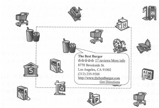 Location-based advertising is actually a geographic query, that is, within the geographical range specified or implied by the user, What types of business users are interested in. In this picture, points of interest include banks, gas stations, shops, ATM and entertainment attractions. The user's query scope is shown by the dotted line