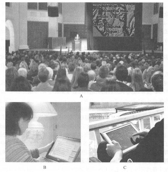 Traditional hearings require the public to come to the city hall to listen to city plans and local policy measures and express their opinions (A); With WebGIS, the public can access government information and services anytime and anywhere at home (B) and outdoors (C)