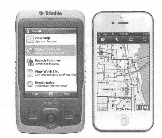 ArcGIS Mobile (left) and ArcGIS for iPhone (right) are examples of mobile WebGIS clients. (Thanks:Tele Atlas North America,Inc and Trimble)