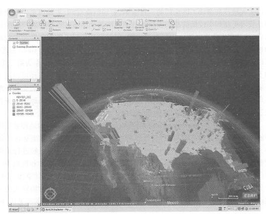 3D map services can also use the value of an attribute as the third dimension to highlight the theme expressed by the attribute. The three-dimensional map service shown in the figure uses the number of rental population in each county in the United States as an elevation to reflect the distribution of the rental population. (Acknowledgement: U.S. Geological Survey and U.S. Census Bureau)