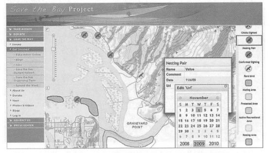Element services can support Web-based online editing. As shown in the picture, citizens can mark on the map website, Identify when and where they have found endangered birds, provide relevant information, This information is stored in a server-side geographical database to facilitate government departments to delineate ecological reserves. (Scratch: U.S. Geological Survey)