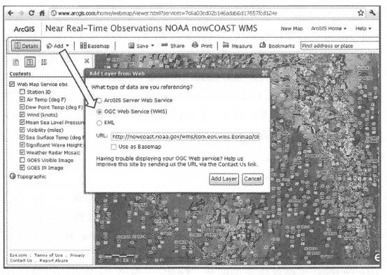 Display the land and ocean meteorological WMS service released by NOAA in the ArcGISOnline map browser. (Acknowledgement: National Oceanic and Atmospheric Administration)