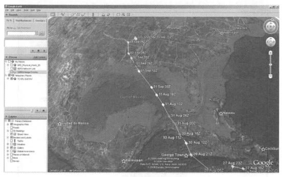 Google Earth shows KML of the path of Hurricane Gustav in 2008. (Thanks: Google, LeadDog Consulting, Tele Atlas North America, Inc.，Scripps Institution of Oceanography, National Oceanic and Atmospheric Administration, US Navy, US Geospatial Intelligence Agency, General Bathymetric Chart of the Oceans and Europa Technologies)
