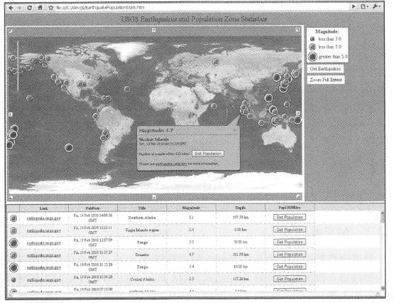 An example of using ArcGIS Online's basic basemaps and demographic data services, Display recent earthquake locations and levels from the U.S. Geological Survey using ArcGIS AF*IforJavaScript, And calculate the population within 160km from the source. (Acknowledgements: U.S. National Park Service and U.S. Geological Survey)