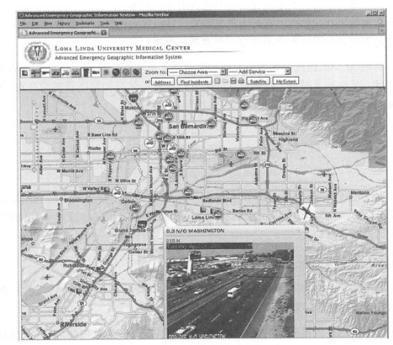 The emergency medical geographic information system of Lominda University Medical Center in the United States uses technologies such as ArcGISServer's Web services and JavaScript API, It has aggregated a variety of Web resources related to emergency rescue, allowing the command center to comprehensively, accurately and promptly understand the situation in the region. (To f: Loma Linda University Medical Center, Tele Atlas North America, Inc. and California Department of Transportation)