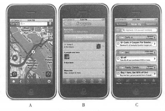 LBS example, from left to right, use Microsoft Bing Maps to view real-time vehicle speed, Use Foursquare check-in service to check the information of other check-in netizens and their messages, Use mobiQpons to find promotions and discount coupons at nearby business outlets. (Thanks: Microsoft, Foursquare and mobiQpons)