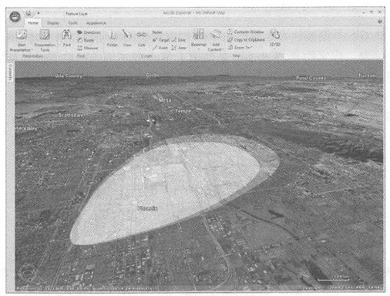 ArcGISExplorer Desktop Edition is a 2D map and 3D virtual earth browser that can call multiple Web services from ArcGIS Server. In this figure, ArcGIS Explorer calls ArcGIS Server's geographic analysis service to display the areas that may be affected by the poison gas leak. (Thanks:AND Automotive Navigation Data and Tele Atlas North America, Inc\_ )