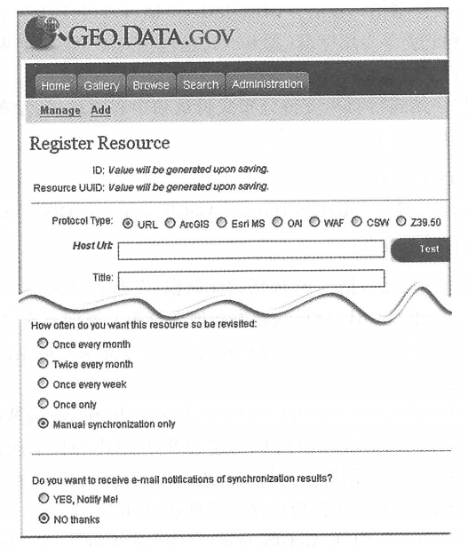 the us geographical information one-stop portal allows publishers to register their own branch centers. Such as protocol type, connection URL and harvesting frequency. (Thanks:data,gov)