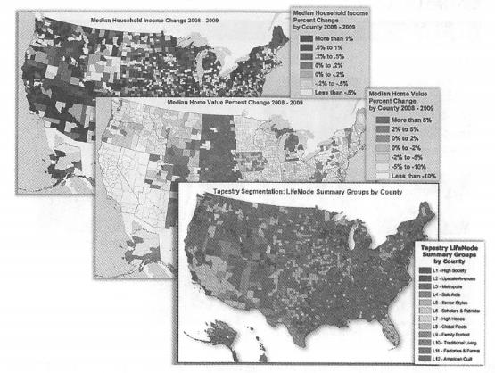 An agency can use information provided by other agencies to create new services. Here,Esri based on U.S. census data and combined with certain statistical models, Web services such as population segmentation, household income and annual changes in housing prices were created. (To ft: U.S. Census Bureau)