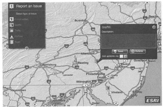 The public can mark and report urgent issues, such as potholes on roads and graffiti on buildings, on Web maps or mobile phones, This data can be stored in a database through feature services. (Thanks: AND Automotive Navigation Data and Tele Atlas North America, Inc.)