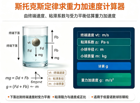 斯托克斯定律求重力加速度计算器